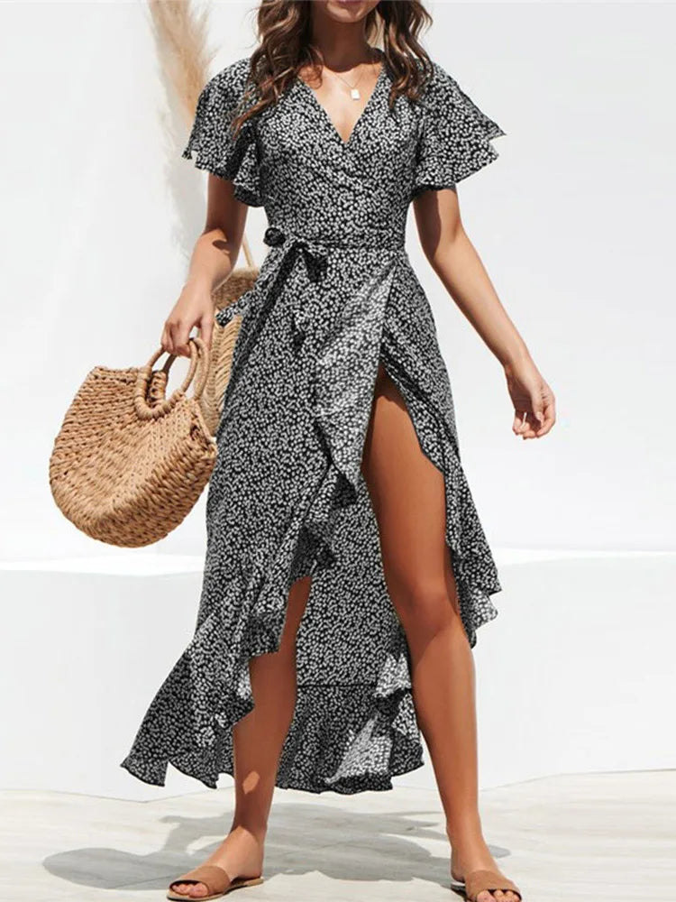 Robe longue en mousseline de soie pour femmes, imprimé floral, style boho, volants ronds, décontracté, col en v, fendue, sexy, robe de soirée, été