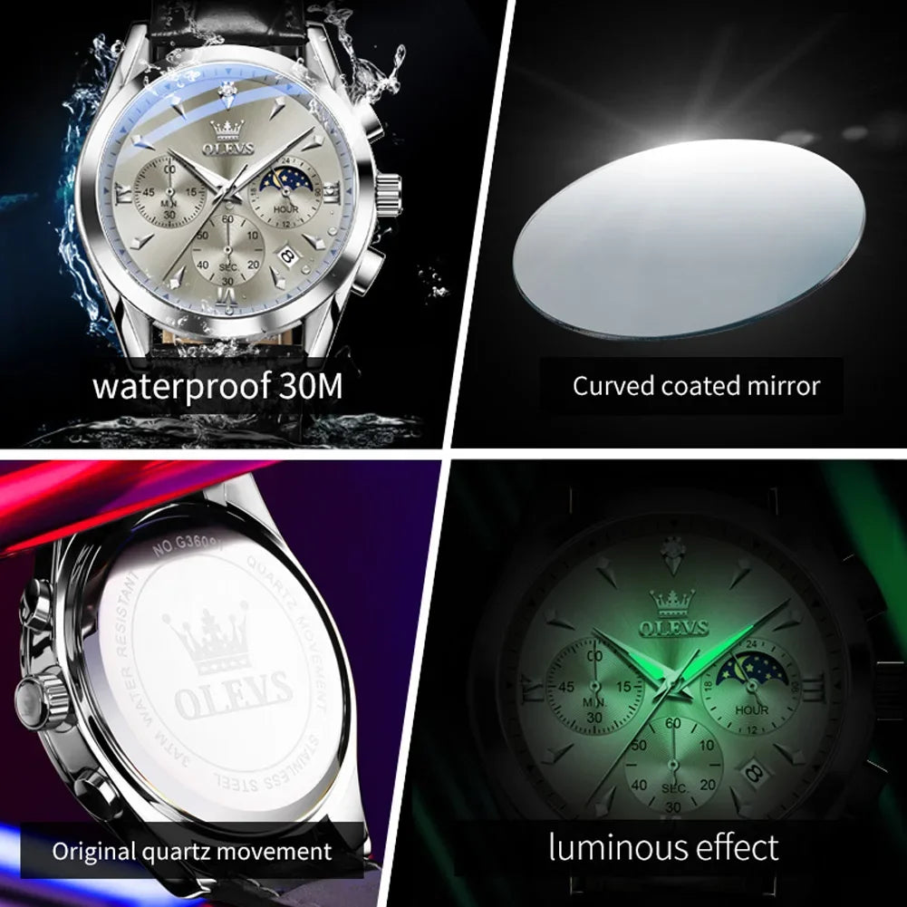 OLEVS 3609 Original Phase de lune chronographe montre pour hommes en cuir étanche lumineux luxe Quartz hommes montres Reloj Mujer