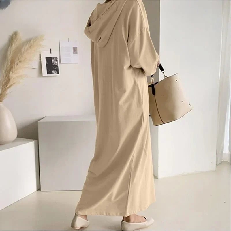Robe à manches longues pour femmes, col à capuche décontracté, sweats à capuche de proximité, robes élégantes pour femmes de bureau, robe maxi éducative