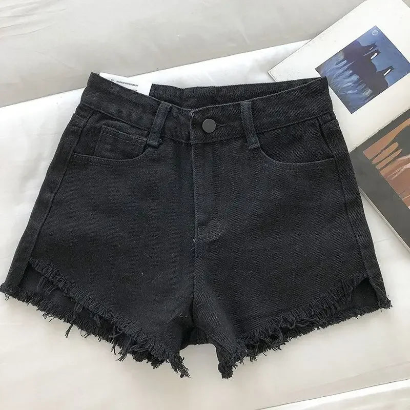 2025 nouveau été femmes haute Wiast ourlet brut Denim Shorts solide blanc noir bleu coréen jambe large pantalon Mon Shorts Jean Shorts