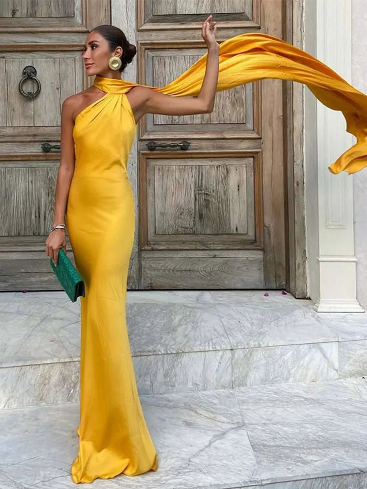 Robe élégante à col licou pour femmes, couleur unie, épaules dénudées, sans manches, dos nu, Slim, Maxi, Robes de soirée, été, automne, 2025