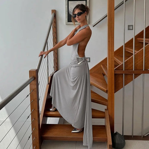 DSMTRC – Robe longue à bandes, asymétrique épaule dénudée, couleur unie, Sexy, pour femmes, fête d'été, sans manches, dos nu, anneaux métalliques