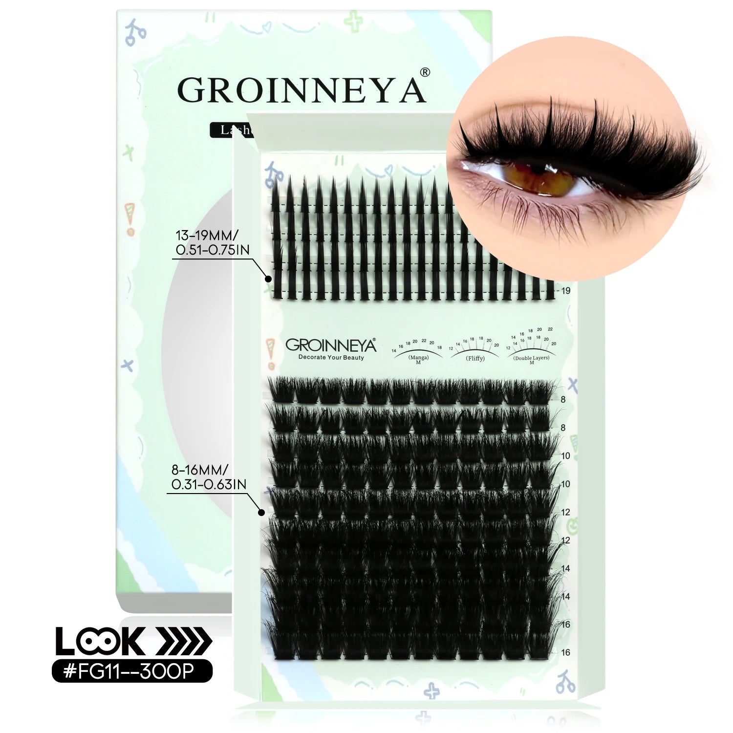 GROINNEYA Kit de grappes de cils pointes cils individuels grappes de cils Kit de grappes de cils D-curly avec maquillage de liaison et de joint