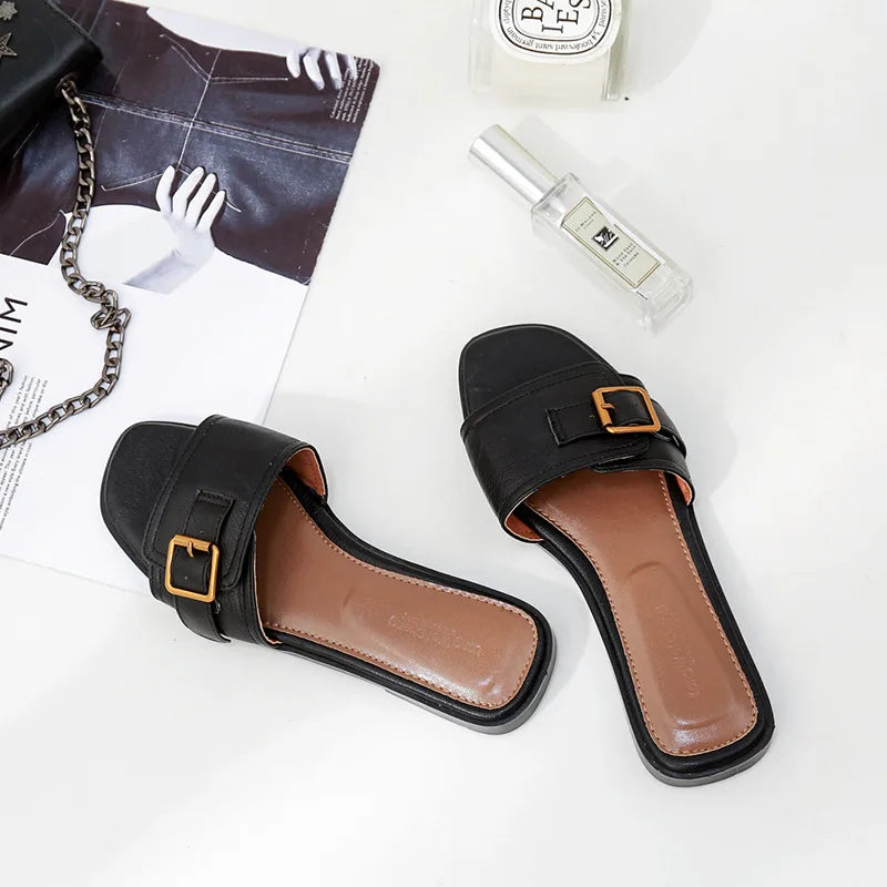 Pantoufles Plates d'Été en Cuir pour Femme, Sandales Carrées, Tongs de Styliste, Chaussures de Luxe