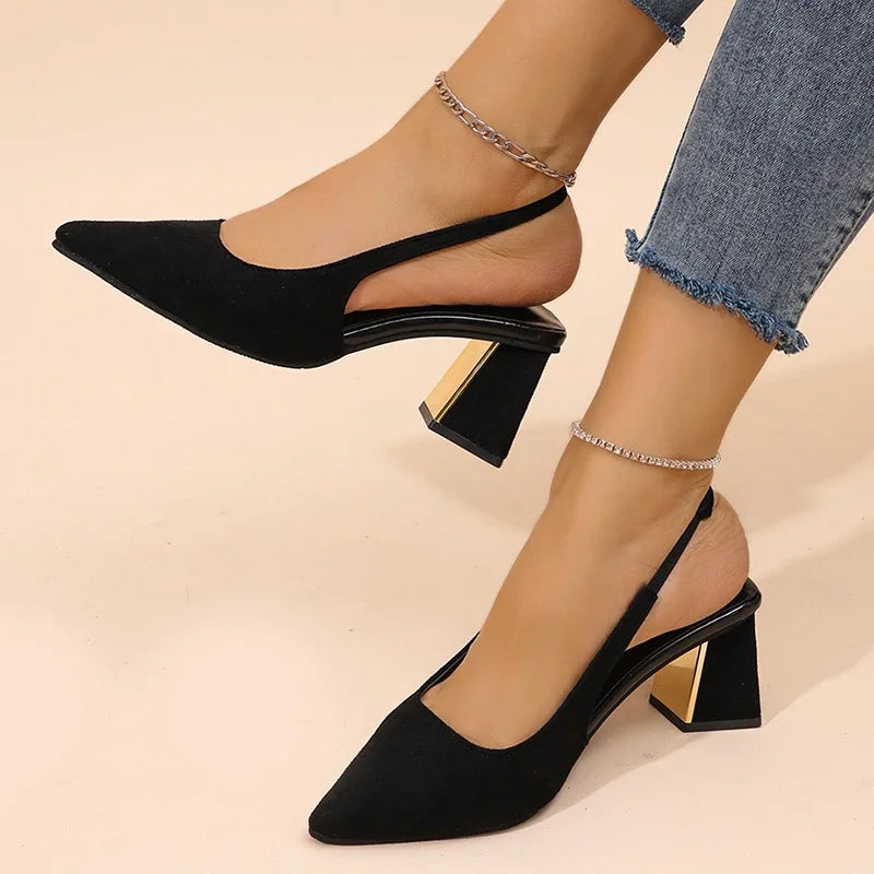 Escarpins à talons épais et bout pointu pour femmes, chaussures habillées noires, lanière arrière, sandales à talons hauts, nouvelle collection été 2025