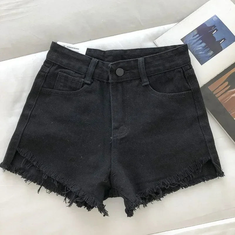 2025 nouveau été femmes haute Wiast ourlet brut Denim Shorts solide blanc noir bleu coréen jambe large pantalon Mon Shorts Jean Shorts