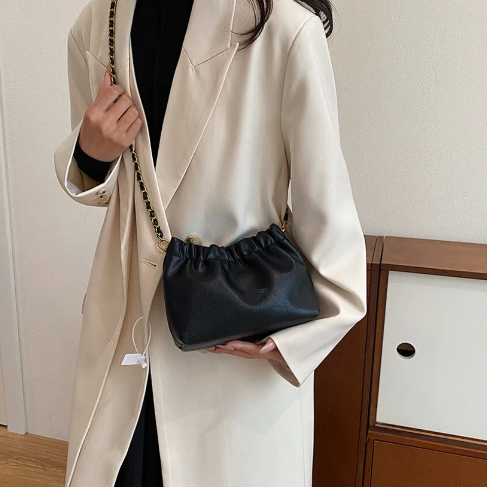 Sac à bandoulière en cuir PU pour femmes, sac à bandoulière avec chaîne, sac à main décontracté plissé en vagabonds, sac à main à la mode pour femmes
