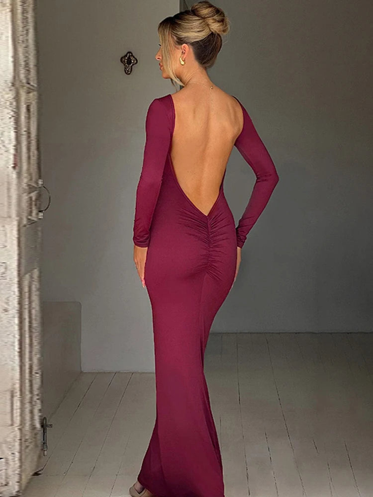 Hugcitar printemps élégant à manches longues dos nu solide froncé Sexy moulante Maxi robe de bal femmes tenue soirée Festival Y2K