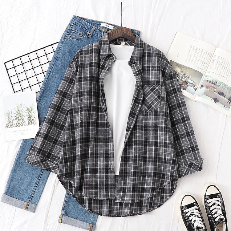 2025 nouvelle mode lâche femmes chemise à carreaux frais collège Style Design Blouses et hauts à manches longues décontracté femme à carreaux vêtements