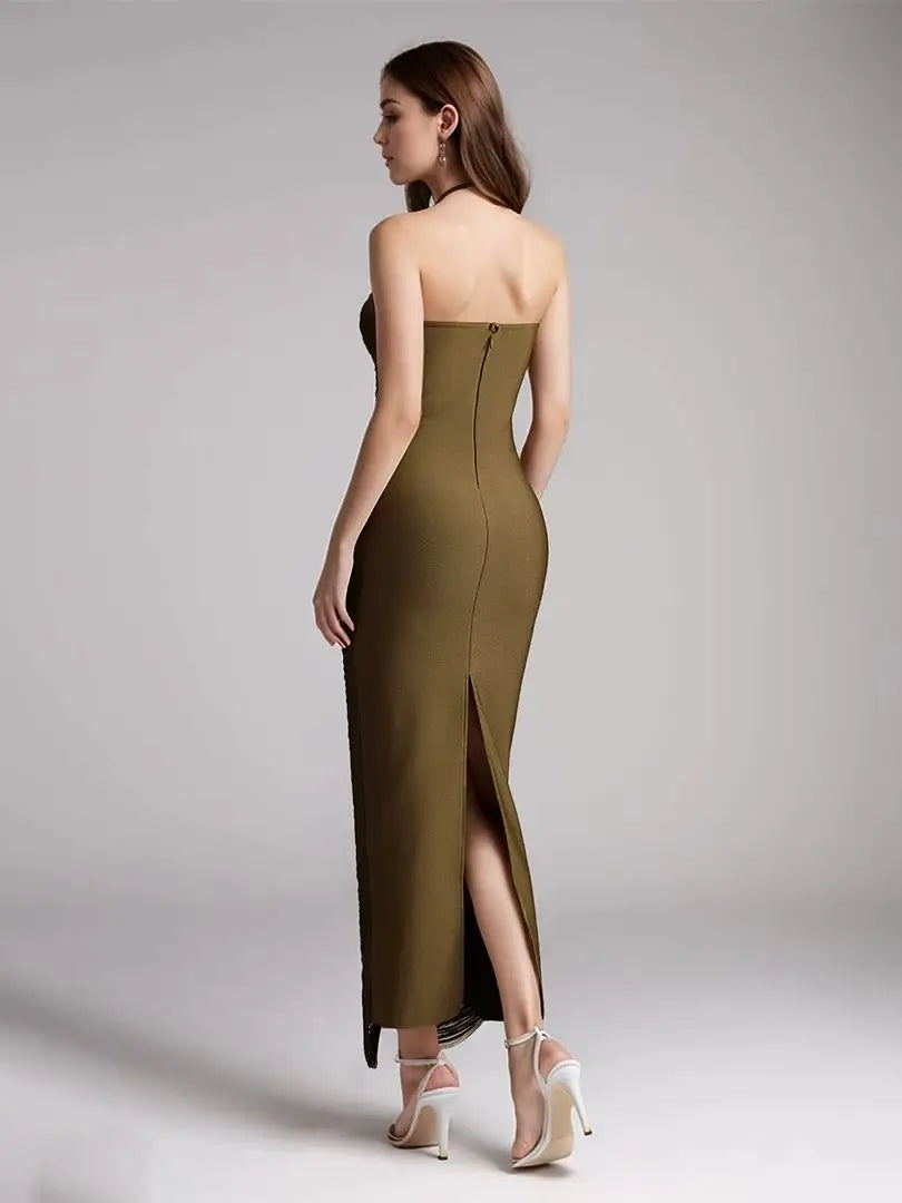 Été nouveau 2025 femmes Sexy célébrité dos nu licou gland armée vert robe de pansement dames longue soirée moulante robe de soirée