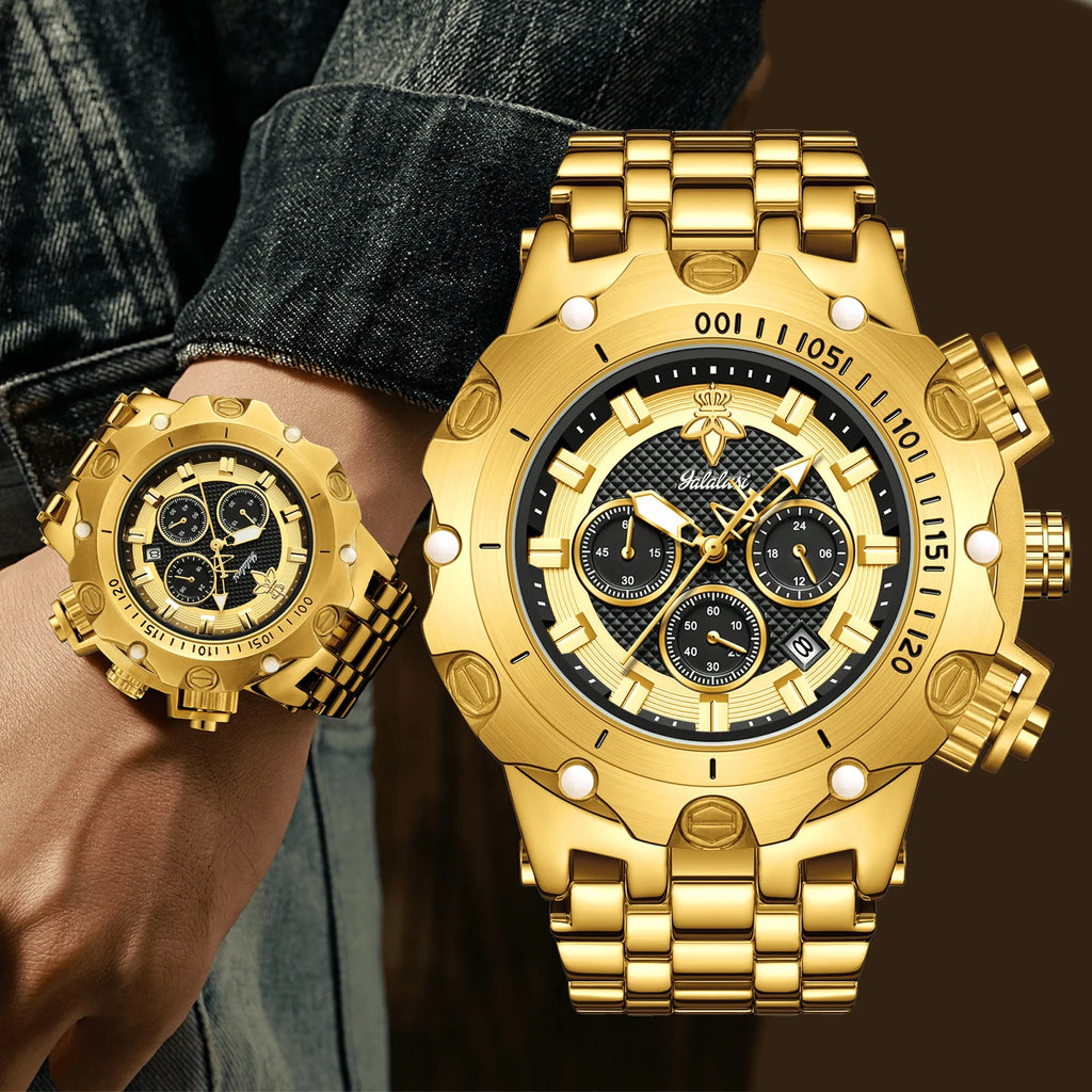 YaLaLuSi – montre en or pour hommes, multi chronographe, 3 sous-cadrans, bracelet robuste, cadran lumineux, montre-bracelet à Quartz, cadeau pour homme