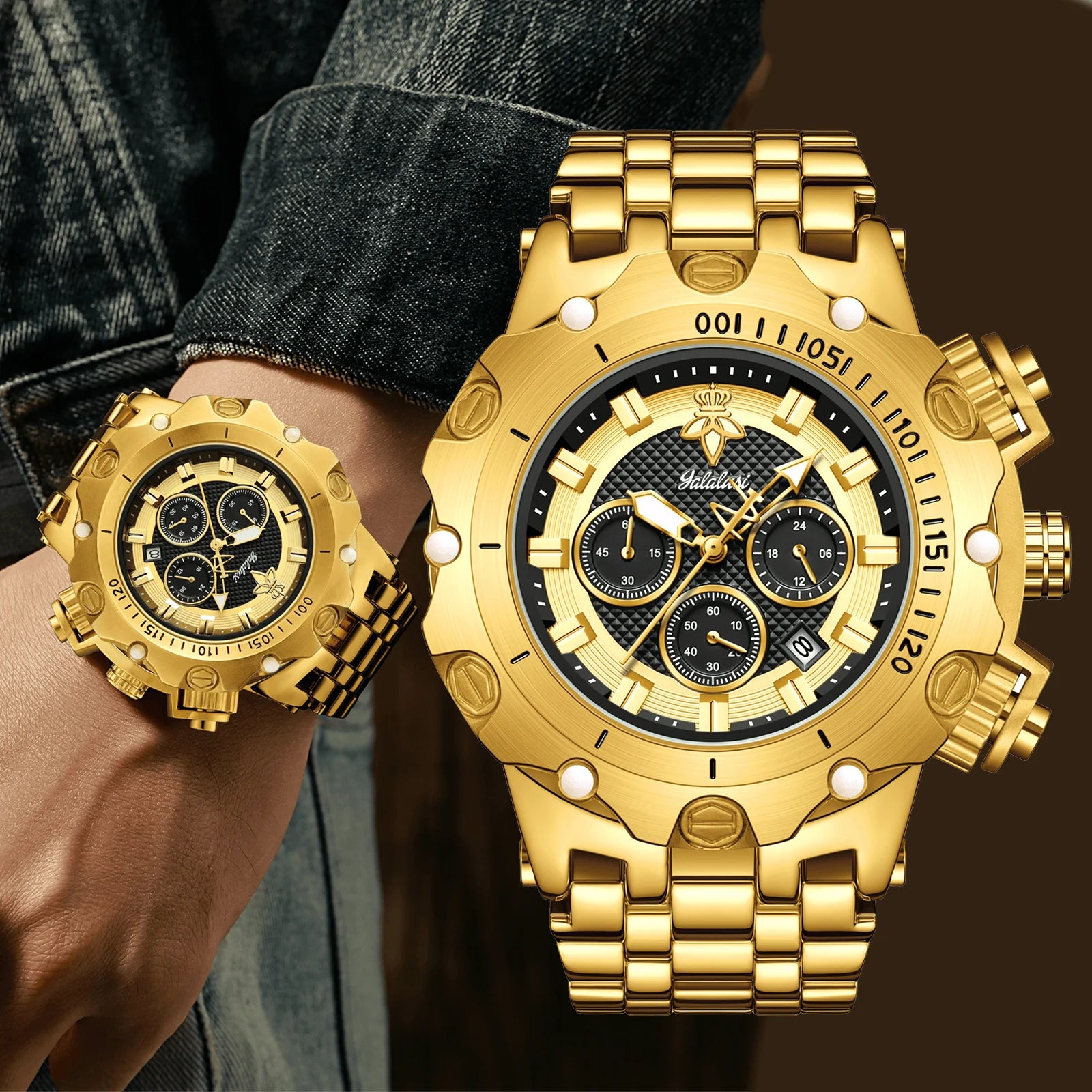 YaLaLuSi – montre en or pour hommes, multi chronographe, 3 sous-cadrans, bracelet robuste, cadran lumineux, montre-bracelet à Quartz, cadeau pour homme