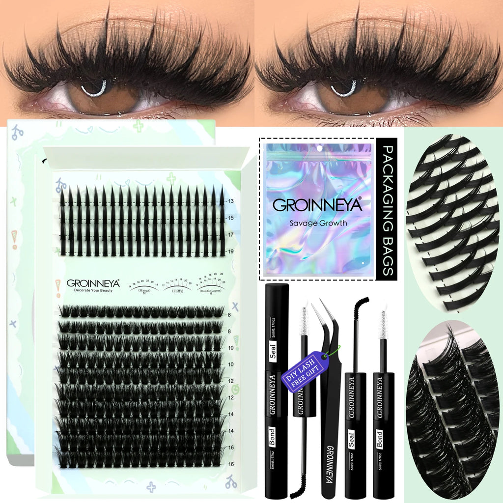 GROINNEYA Kit de grappes de cils pointes cils individuels grappes de cils Kit de grappes de cils D-curly avec maquillage de liaison et de joint