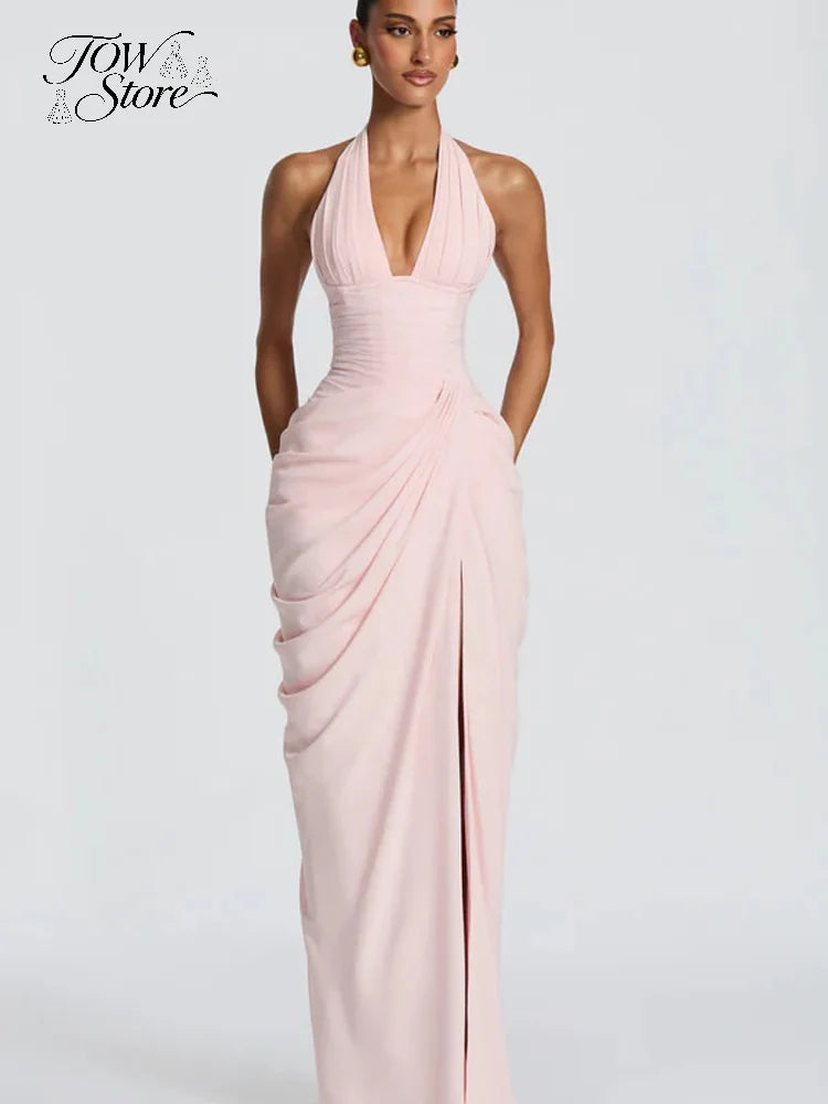 Robe longue plissée unie sexy pour femme, style licou, sans manches, dos nu, cintrée à la taille, fendue, pour soirées d'été 2026