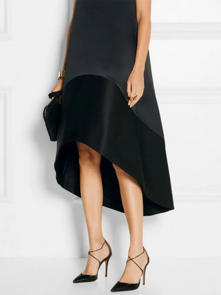 Robe Midi Yeezzi pour Femme, Élégante, Noire, Patchwork, Asymétrique, Sans Manches, Col Rond, Nouvelle Collection Été 2026, pour Soirées et Cérémonies