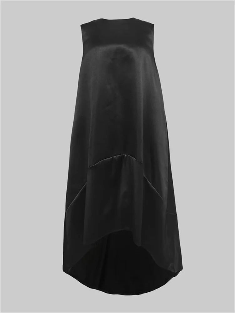 Robe Midi Yeezzi pour Femme, Élégante, Noire, Patchwork, Asymétrique, Sans Manches, Col Rond, Nouvelle Collection Été 2026, pour Soirées et Cérémonies