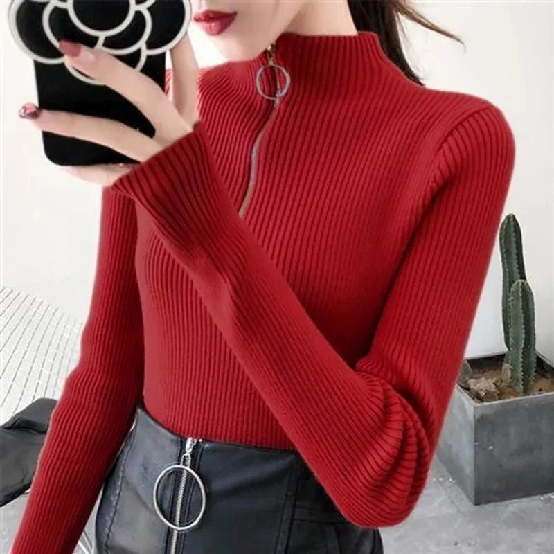 Tricoté femmes fermeture éclair demi col haut Pull pulls automne hiver basique femmes chandails mince solide tricots Pull Femme hauts