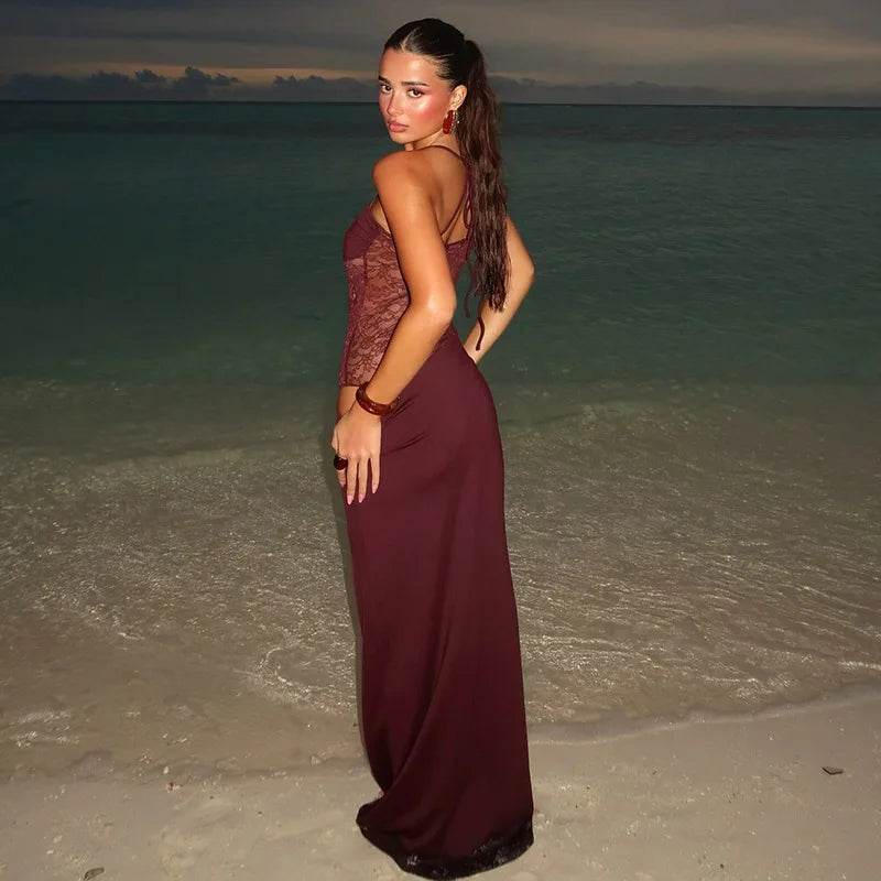 Robe Maxi élégante en dentelle découpée pour femmes, Sexy, bretelles Spaghetti, Patchwork, robe de soirée, dos nu, été, 2025
