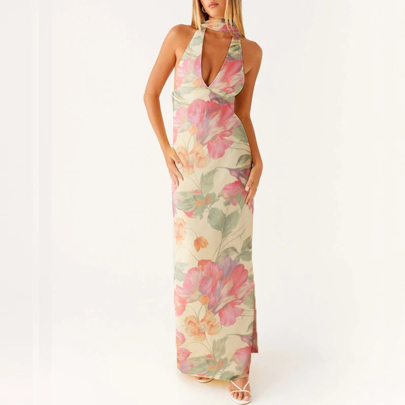 Maemukilabe Robe longue sexy sans manches, coupe basse, imprimée, style Boho, col licou, coupe cintrée, fluide, dos nu, floral, vêtements de plage d'été