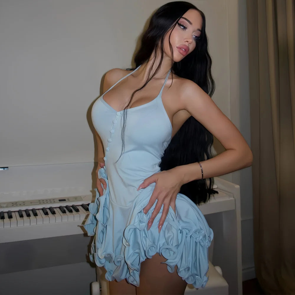 Absobe Mini robe moulante trapèze pour femme, ourlet à volants, col en V, boutons asymétriques, manches longues, robe courte, tenues de fête streetwear