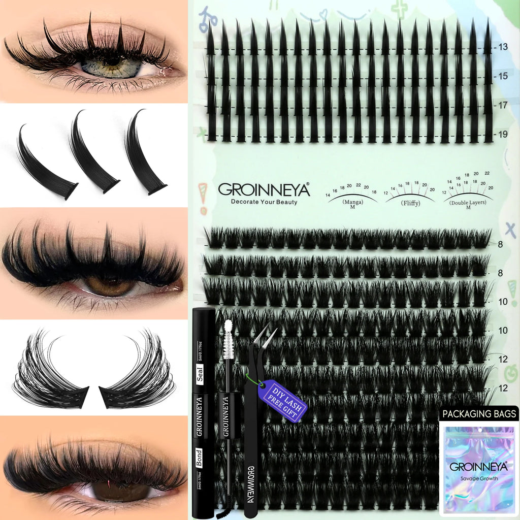 GROINNEYA Kit de grappes de cils pointes cils individuels grappes de cils Kit de grappes de cils D-curly avec maquillage de liaison et de joint