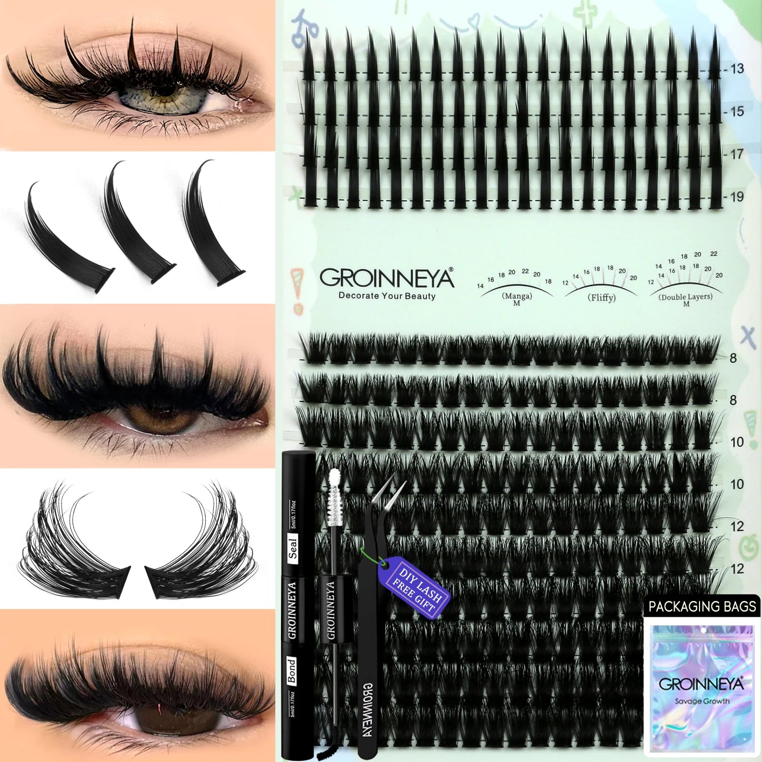 GROINNEYA Kit de grappes de cils pointes cils individuels grappes de cils Kit de grappes de cils D-curly avec maquillage de liaison et de joint