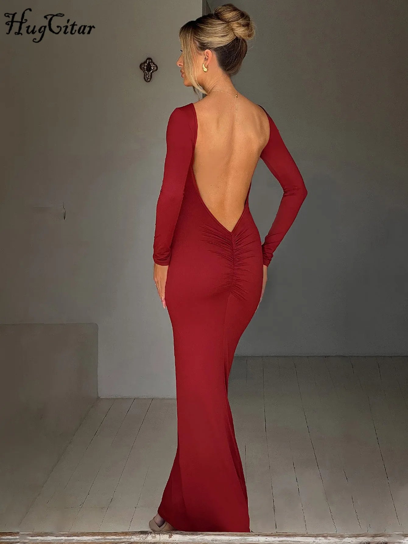 Hugcitar printemps élégant à manches longues dos nu solide froncé Sexy moulante Maxi robe de bal femmes tenue soirée Festival Y2K