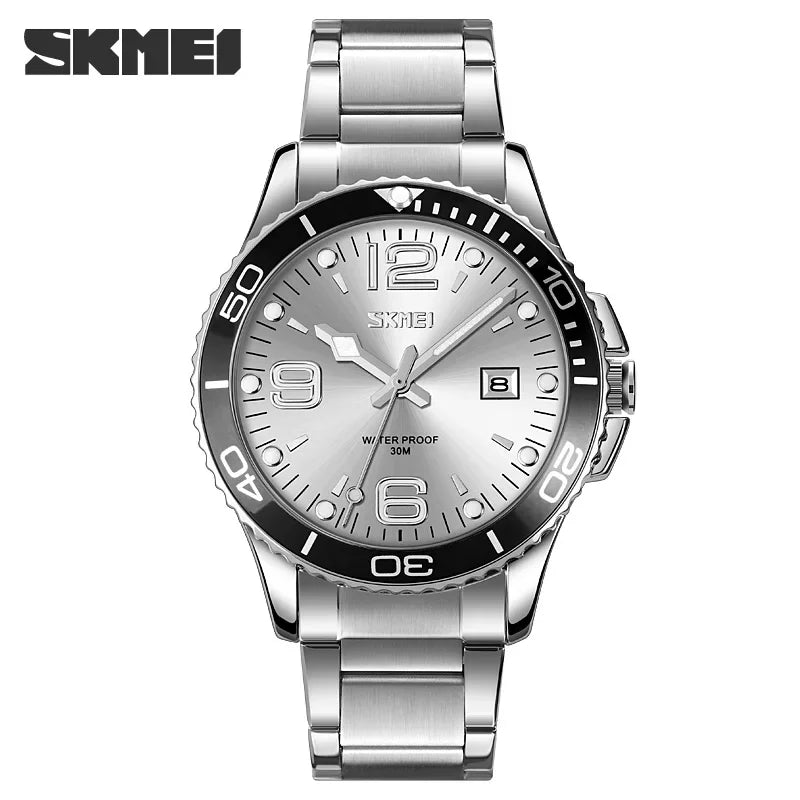 SKMEI 9278 luxe en acier inoxydable heure semaine Date horloge montre à Quartz pour hommes Sport étanche montres hommes Reloj Hombre