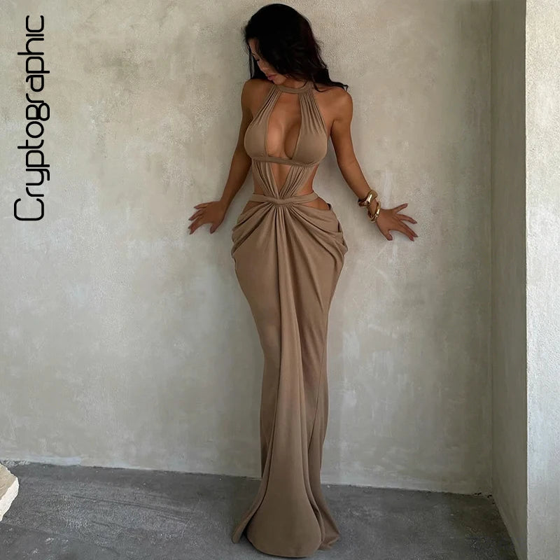 Robe longue de soirée élégante kaki, style licou, à découpes, drapée, dos très ouvert, sans taille, sans manches, pour soirée et bal de promo