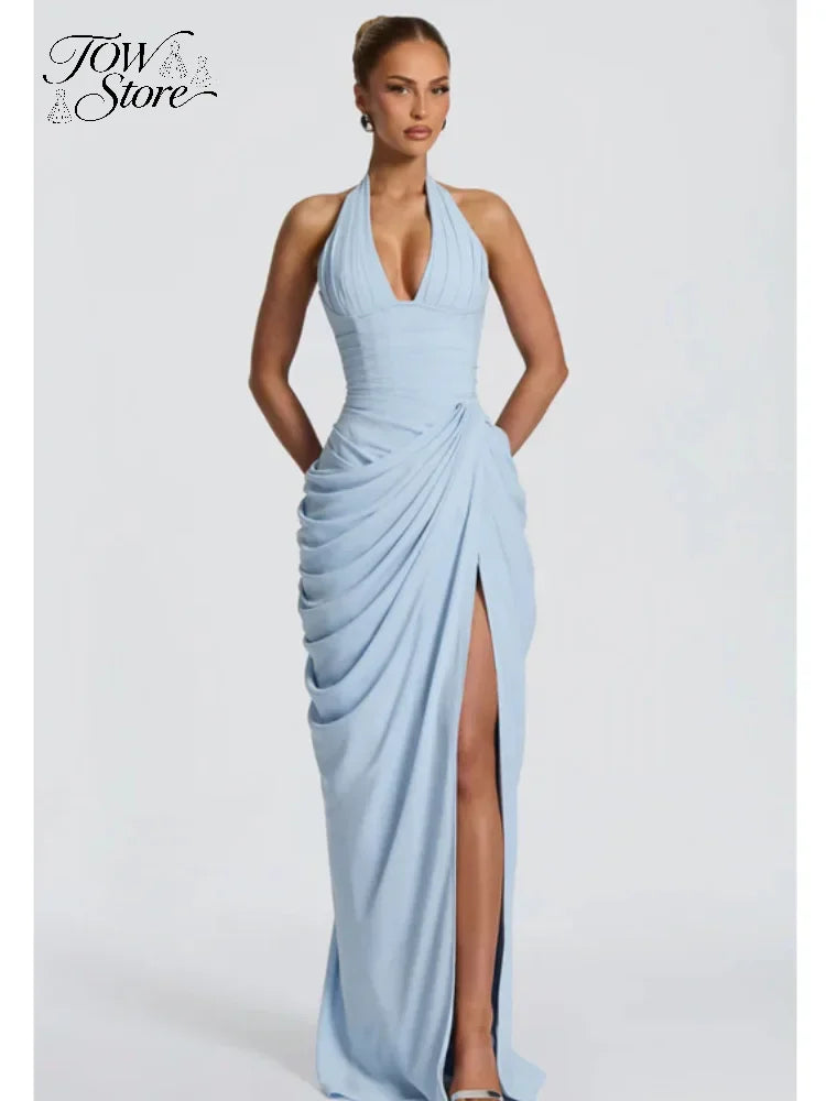Robe longue plissée unie sexy pour femme, style licou, sans manches, dos nu, cintrée à la taille, fendue, pour soirées d'été 2026