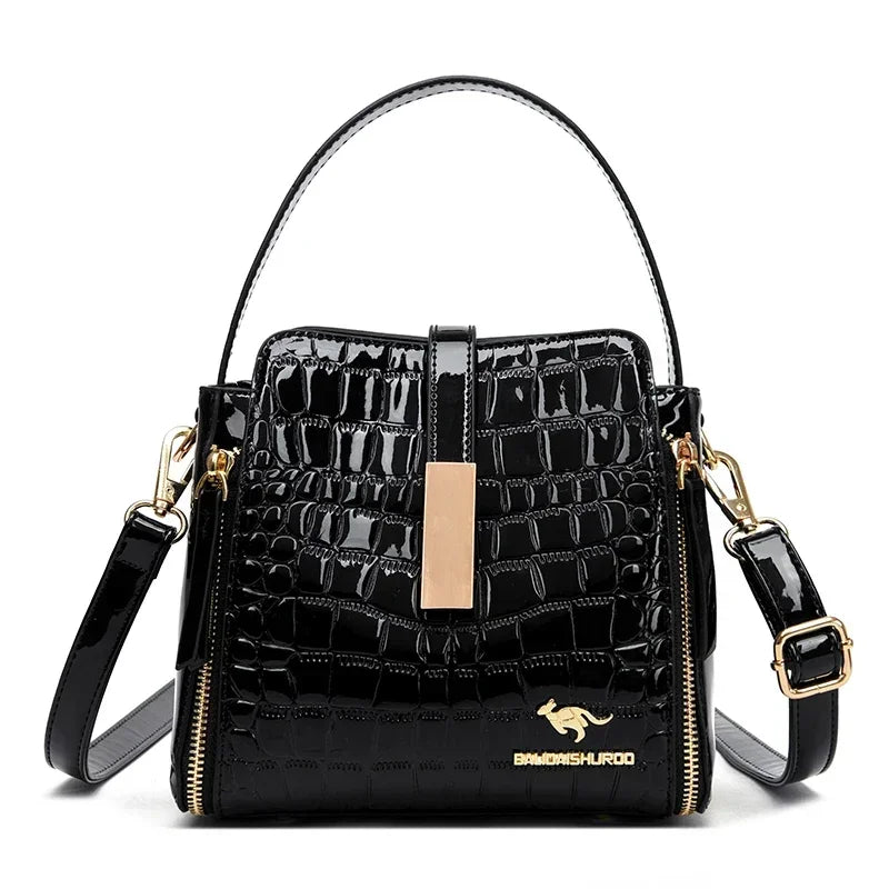 Sac à main en cuir verni pour femmes, sac seau en cuir de haute qualité avec poche intérieure, sac à bandoulière de marque de luxe pour femmes.