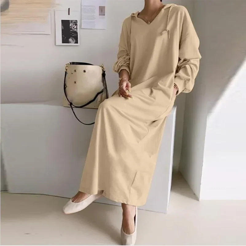 Robe à manches longues pour femmes, col à capuche décontracté, sweats à capuche de proximité, robes élégantes pour femmes de bureau, robe maxi éducative