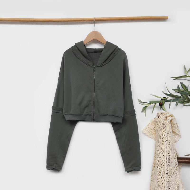 Sweat-shirt à capuche en coton pour femmes, couleur unie, rétro, court, haut court, veste à capuche, sport Cool, fermeture éclair, manches longues, Streetwear