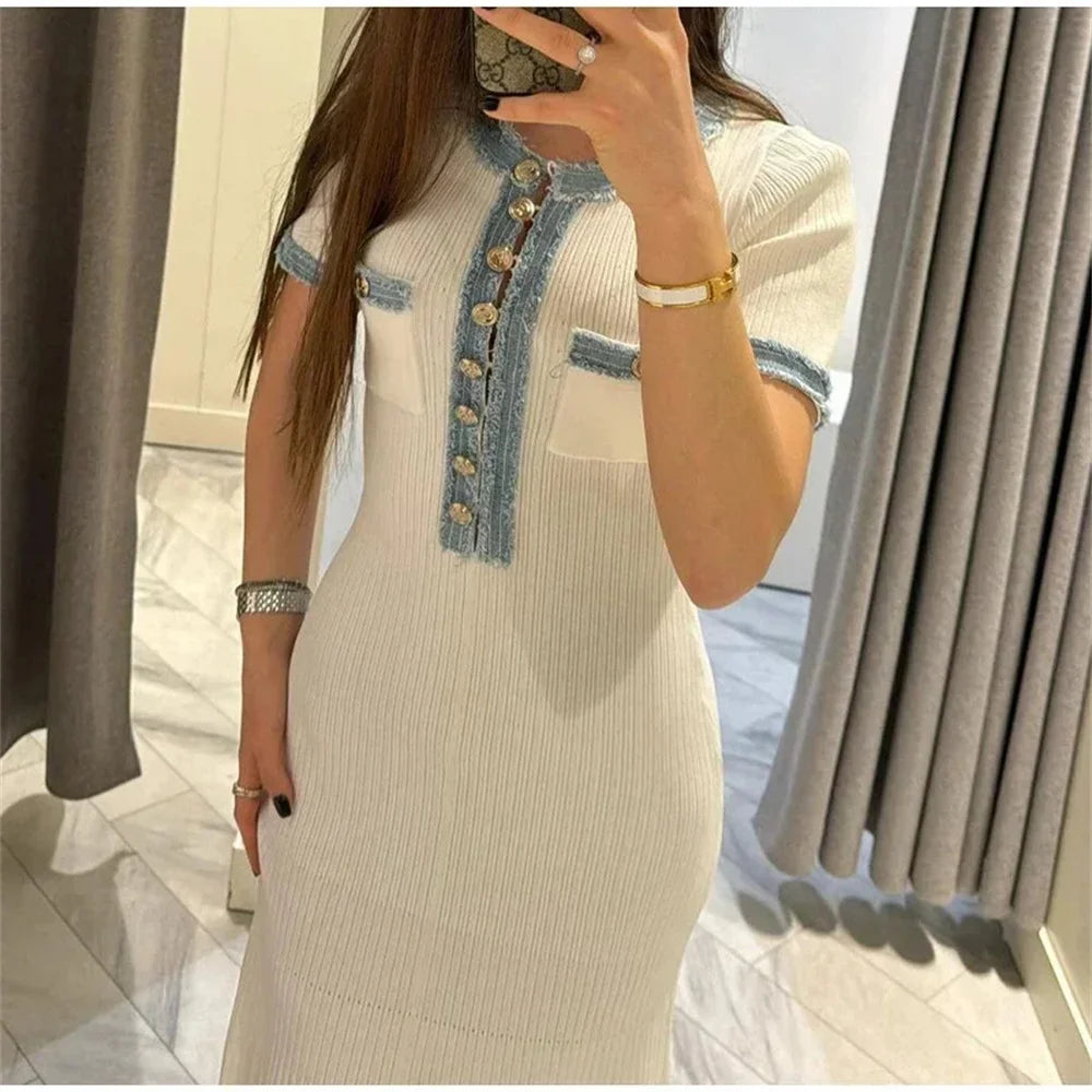 Robe Maxi en Tricot Élégante pour Femme, Col Rond, Manches Courtes, lèvent en Métal, Batterie, Tenue de Bureau Chic
