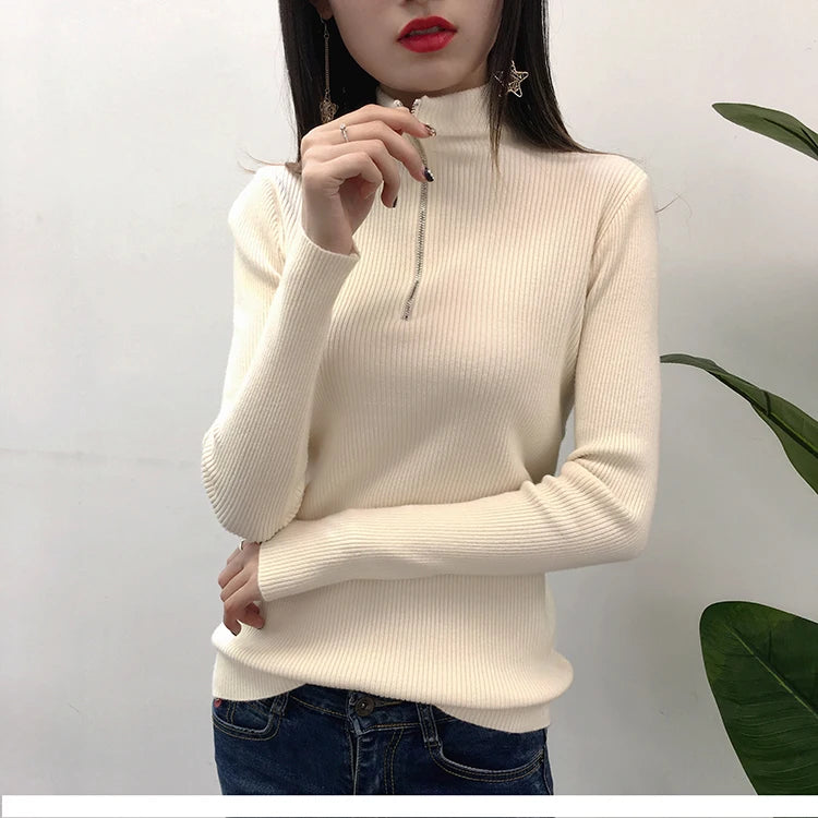 Tricoté femmes fermeture éclair demi col haut Pull pulls automne hiver basique femmes chandails mince solide tricots Pull Femme hauts