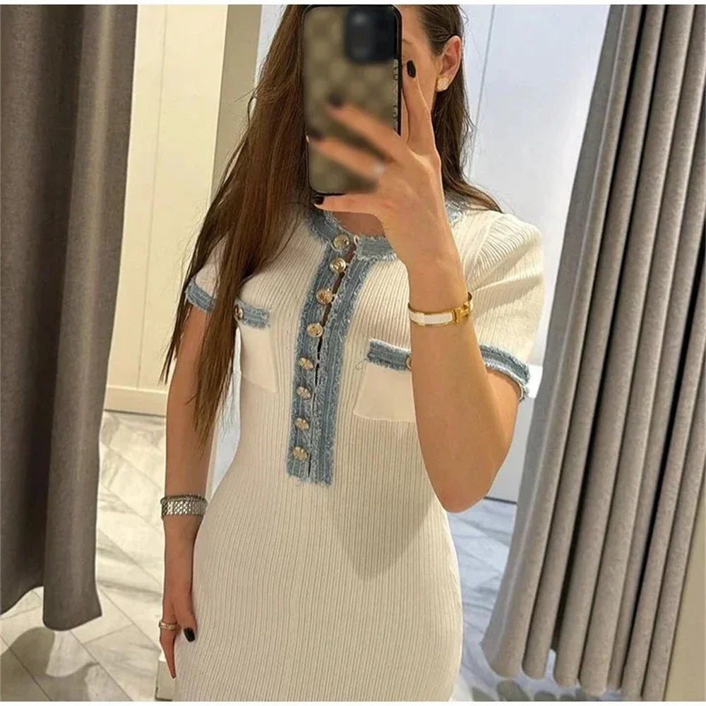 Robe Maxi en Tricot Élégante pour Femme, Col Rond, Manches Courtes, lèvent en Métal, Batterie, Tenue de Bureau Chic