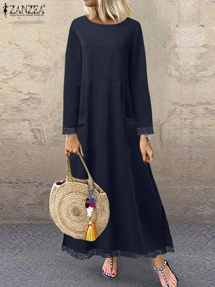 ZANZEA-Robe sweat-shirt à manches longues et col rond pour femme, pull au crochet en dentelle, robe d'été, sweats à capuche monochromes, robe éducative, sourire, hiver, automne