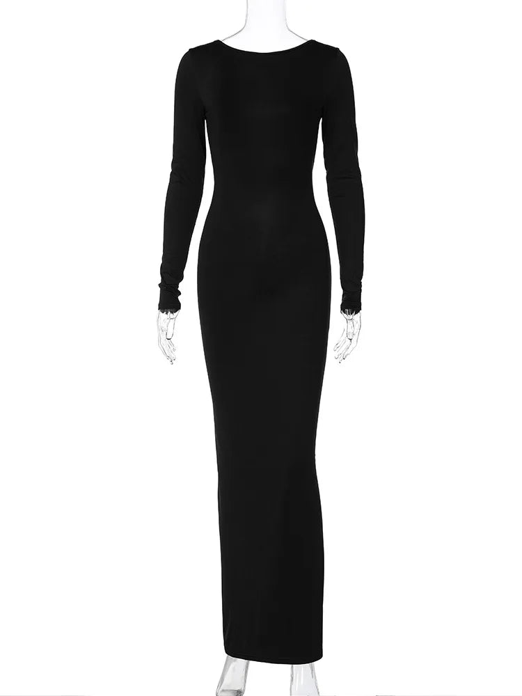 Hugcitar printemps élégant à manches longues dos nu solide froncé Sexy moulante Maxi robe de bal femmes tenue soirée Festival Y2K
