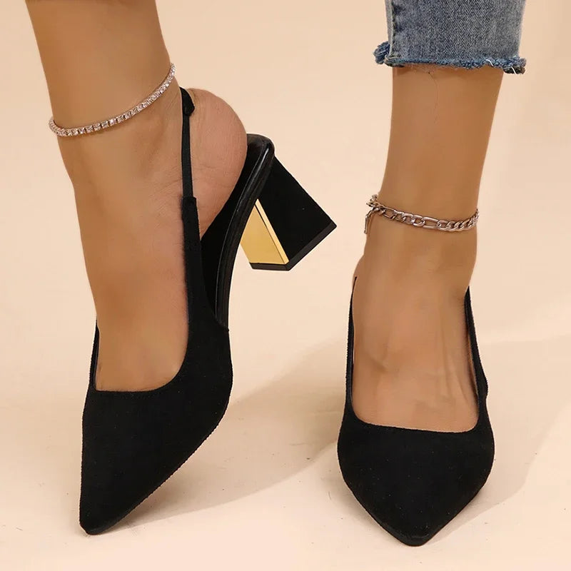 Escarpins à talons épais et bout pointu pour femmes, chaussures habillées noires, lanière arrière, sandales à talons hauts, nouvelle collection été 2025