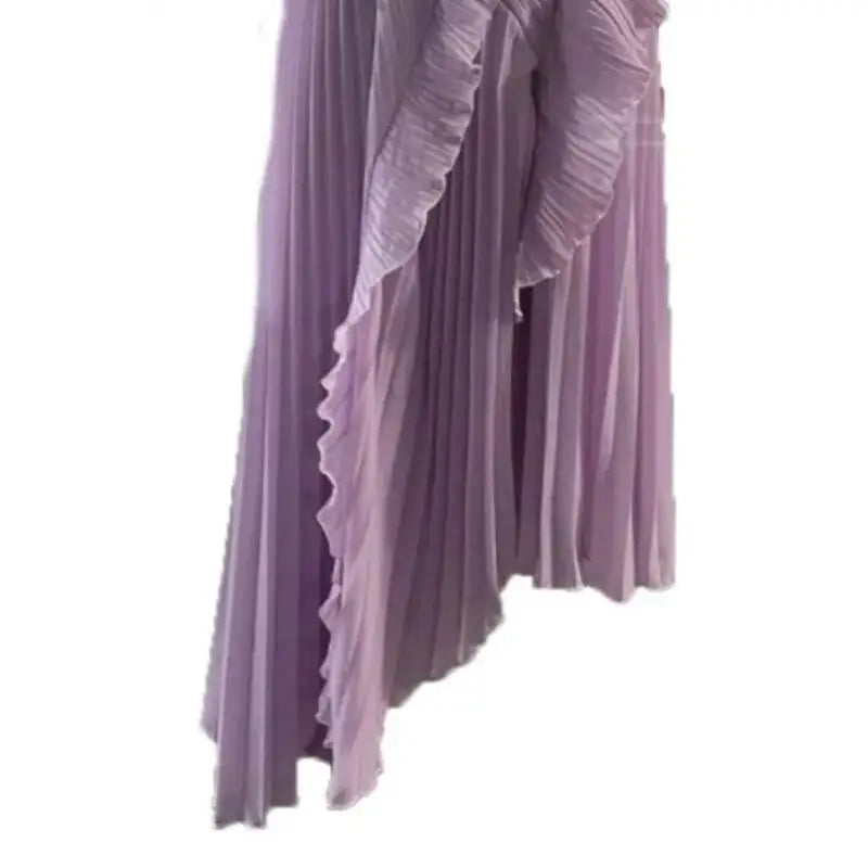 IEQJ mode plis robe irrégulière femmes licou sans manches à plusieurs niveaux robes décontractées 2025 été nouvelle marée 3QW1045