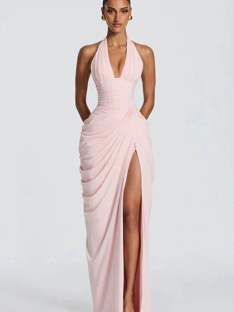 Robe longue plissée unie sexy pour femme, style licou, sans manches, dos nu, cintrée à la taille, fendue, pour soirées d'été 2026