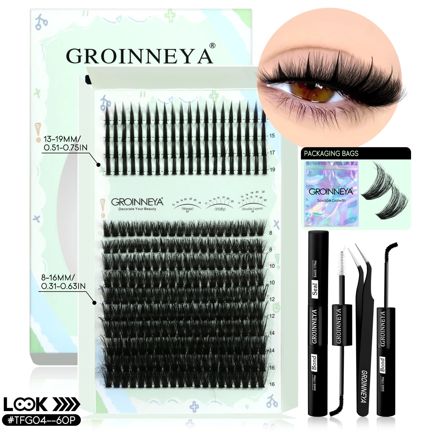 GROINNEYA Kit de grappes de cils pointes cils individuels grappes de cils Kit de grappes de cils D-curly avec maquillage de liaison et de joint