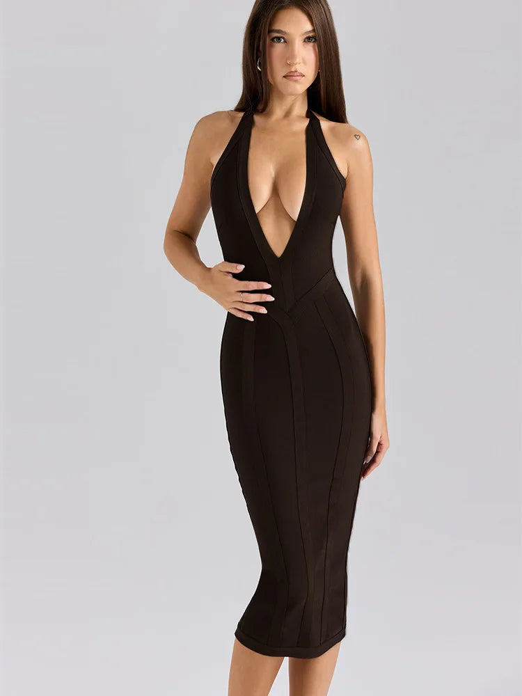 Robe moulante mi-longue à col en V profond et dos nu, style bandage, sexy et tendance, pour femme, idéale pour les soirées et événements d'été, style célébrité, Vestidos