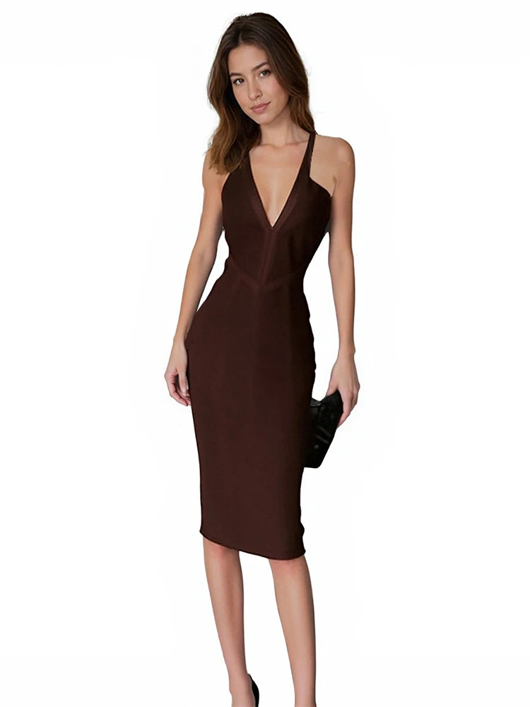 Robe moulante mi-longue à col en V profond et dos nu, style bandage, sexy et tendance, pour femme, idéale pour les soirées et événements d'été, style célébrité, Vestidos