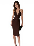 Robe moulante mi-longue à col en V profond et dos nu, style bandage, sexy et tendance, pour femme, idéale pour les soirées et événements d'été, style célébrité, Vestidos