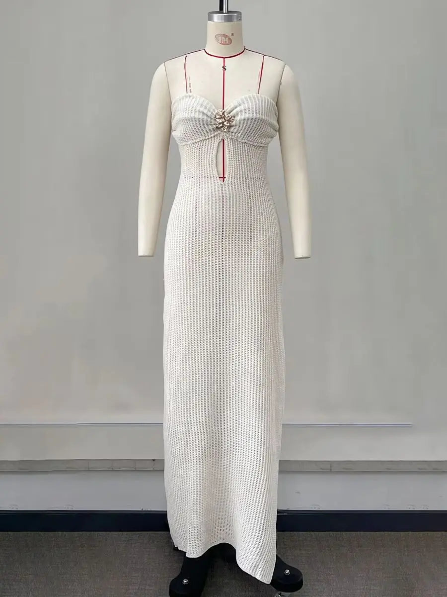 Robe longue en tricot pour femme, style halter, sans manches, au crochet, à découpes, bandeau, pour soirée d'été