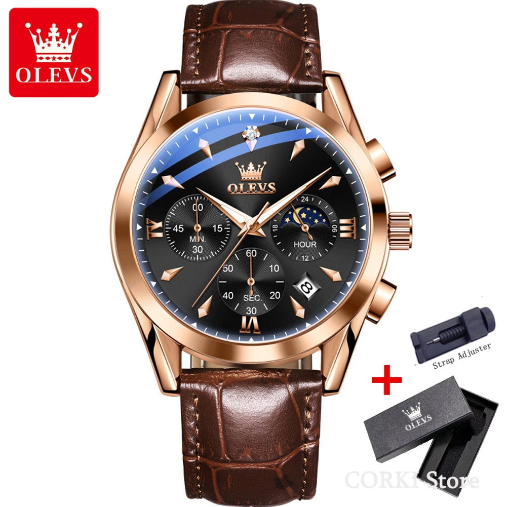 OLEVS 3609 Original Phase de lune chronographe montre pour hommes en cuir étanche lumineux luxe Quartz hommes montres Reloj Mujer