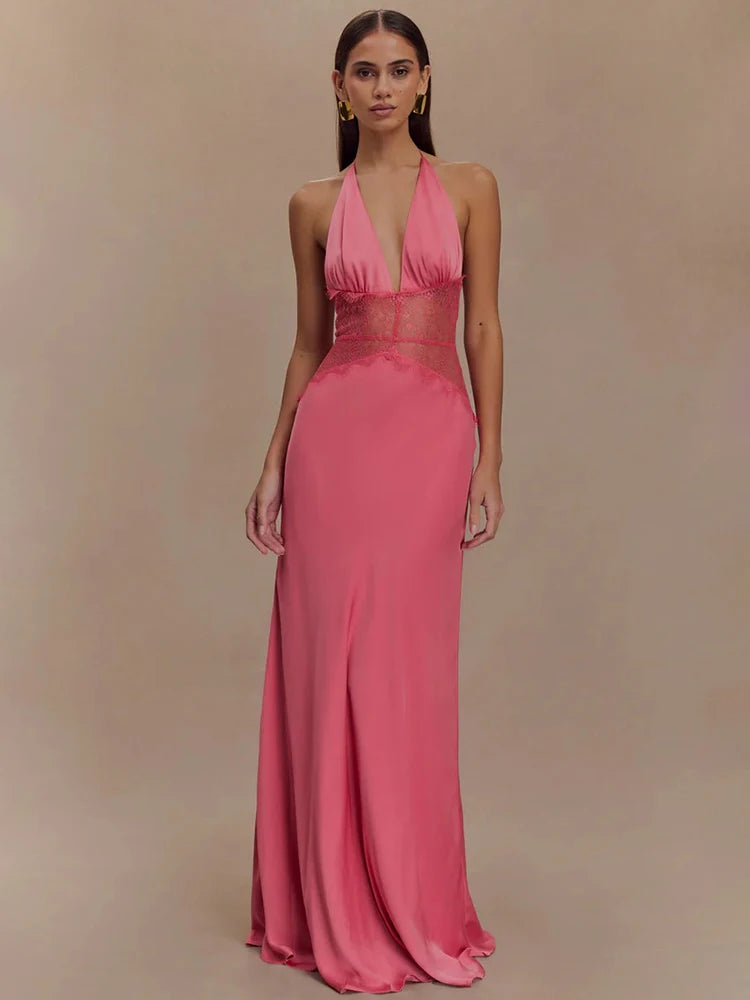 Mozision été dos nu Sexy robe Maxi femmes robe Patchwork dentelle licou col en V profond sans manches taille haute élégante robe longue