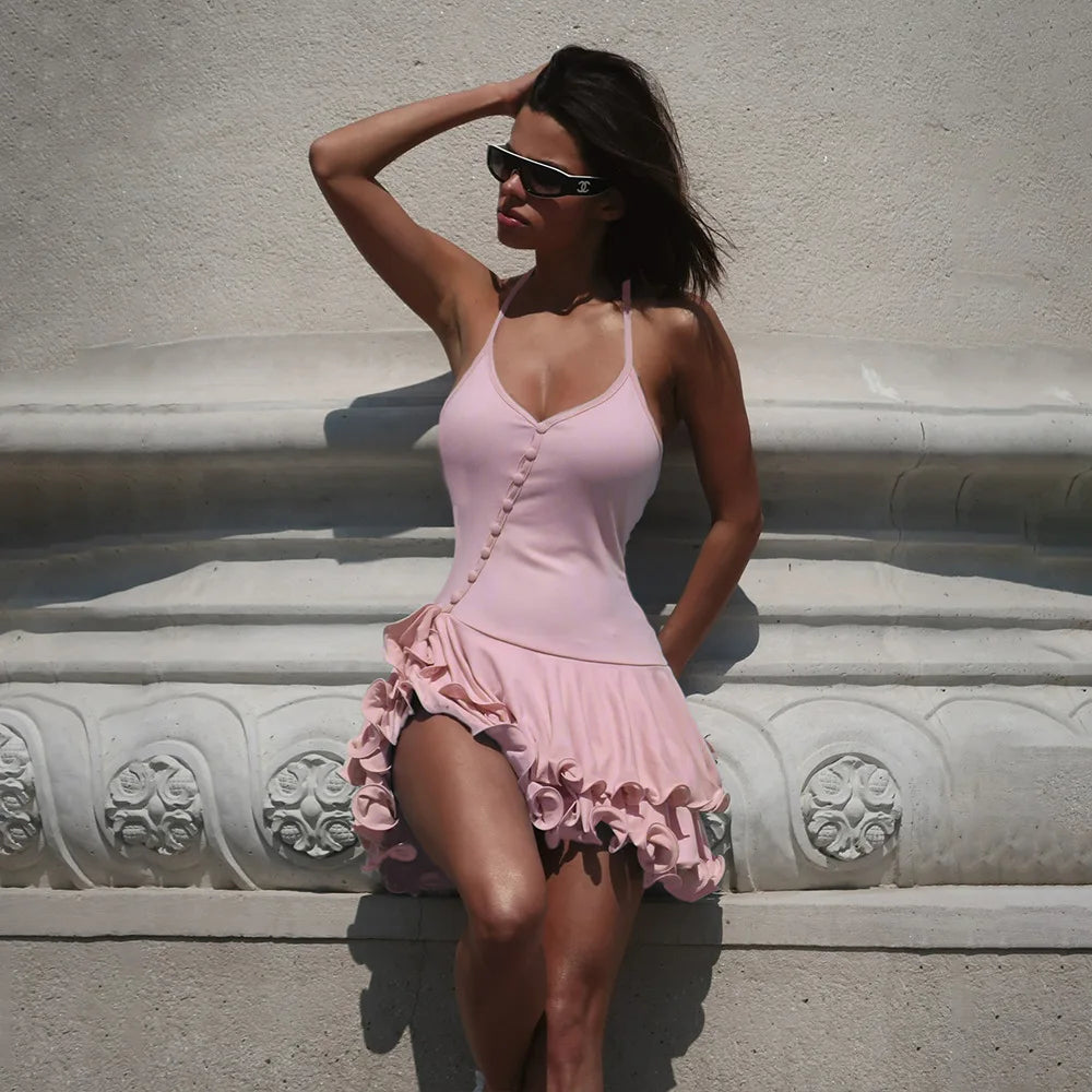 Absobe Mini robe moulante trapèze pour femme, ourlet à volants, col en V, boutons asymétriques, manches longues, robe courte, tenues de fête streetwear