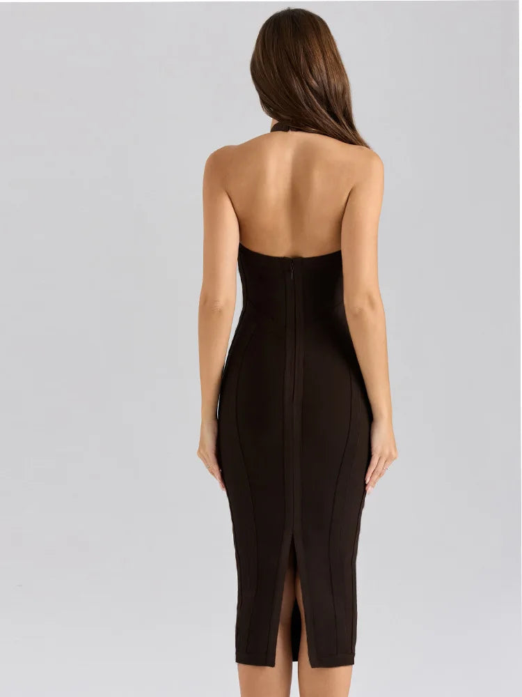 Robe moulante mi-longue à col en V profond et dos nu, style bandage, sexy et tendance, pour femme, idéale pour les soirées et événements d'été, style célébrité, Vestidos